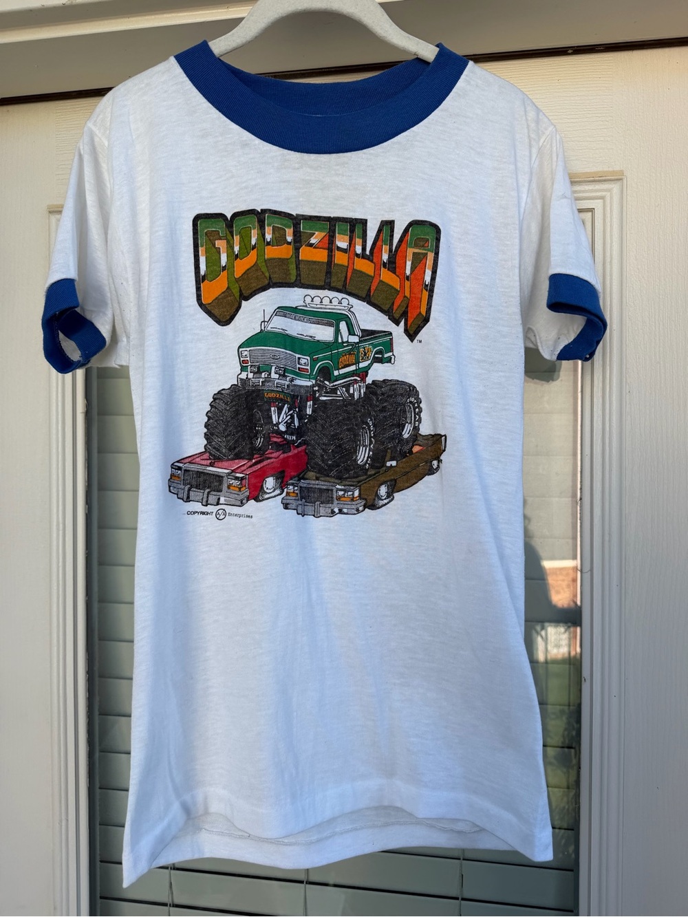 80’s Vintage Monster Truck Graphic White Ringer Tee with Blue Trim